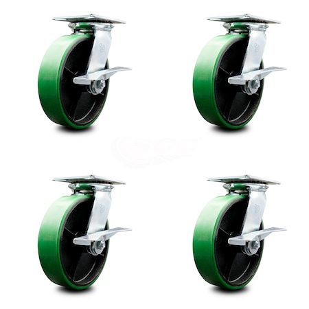 Service Caster 8 Inch Heavy Duty Green Poly on Cast Iron Caster Set with Ball Bearing and Brake SCC-35S820-PUB-GB-SLB-4
